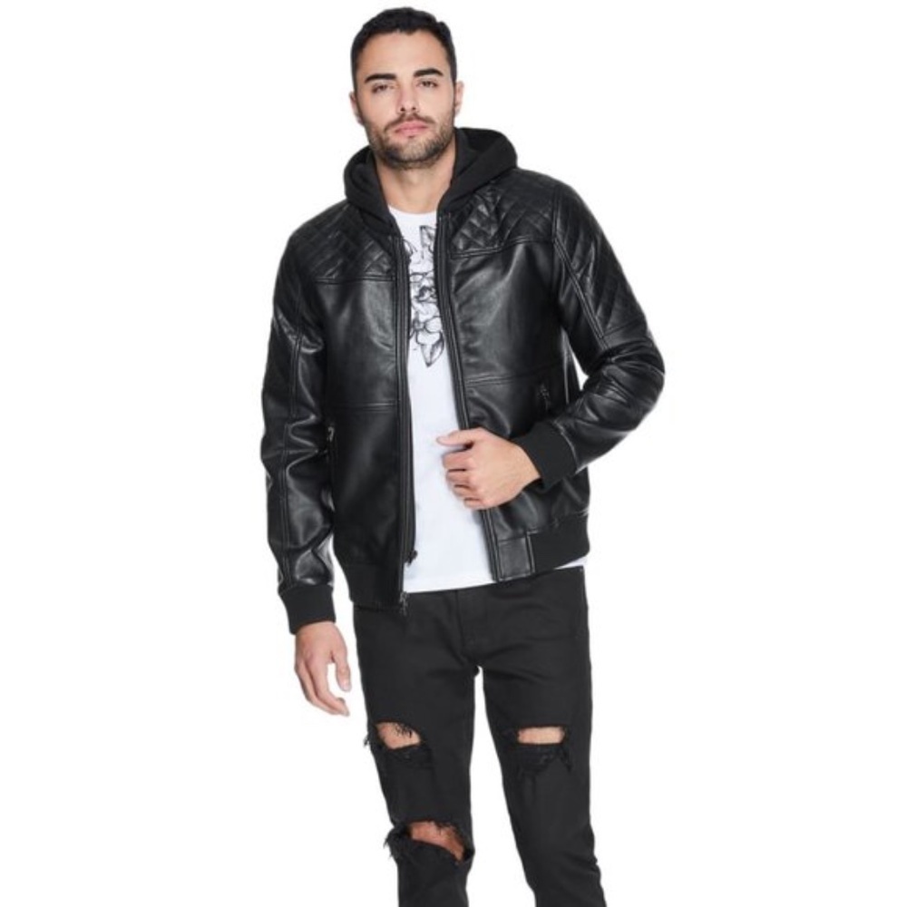 New GUESS Timmy Faux-Leather Hooded Moto Jacket - Picture 5 of 5